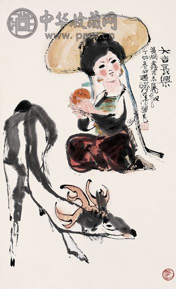 程十发 1987年作 大吉长乐 立轴 设色纸本