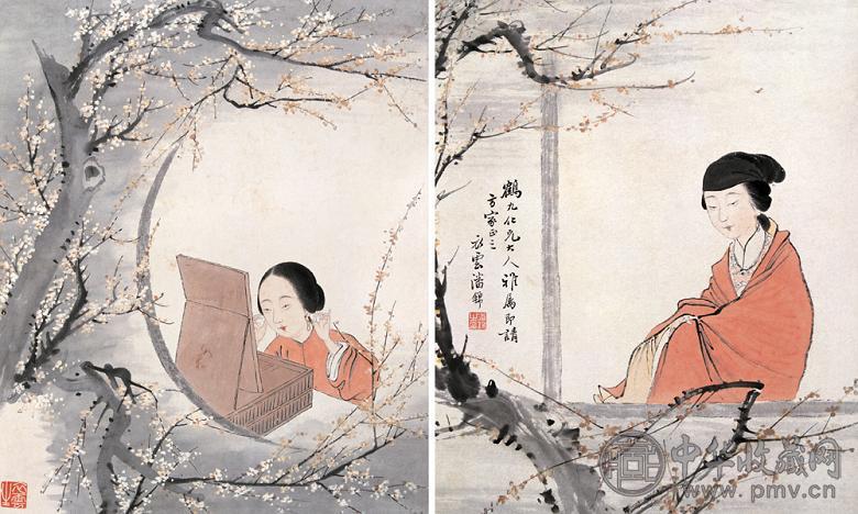 潘锦 仕女 册页(10开选2) 纸本