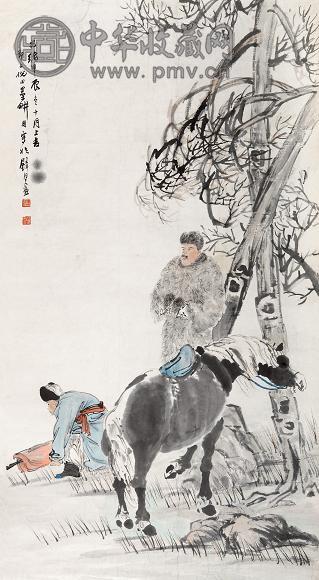 倪田 1904年作 郊游图 立轴 设色纸本