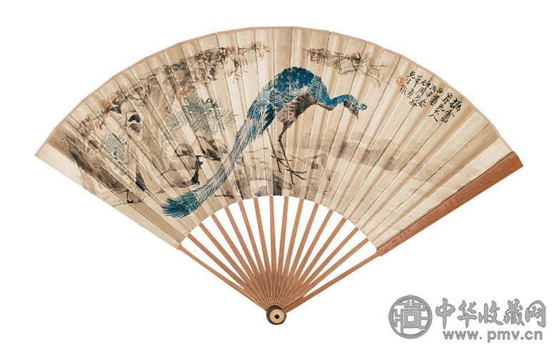 徐桢 沈景修 1896年作 孔雀图 行书 成扇 设色金笺