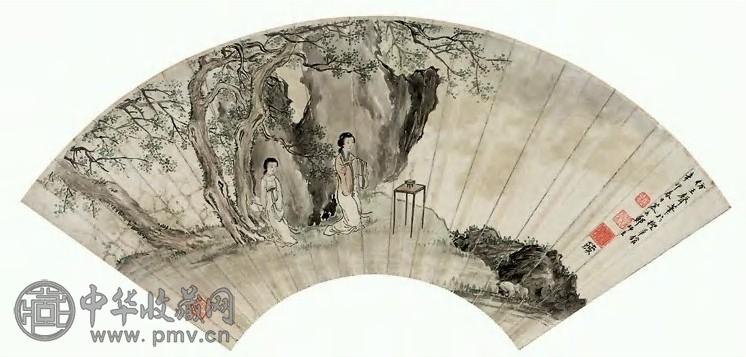 郑慕康 1951年 仿王声笔意 扇面镜片 设色纸本