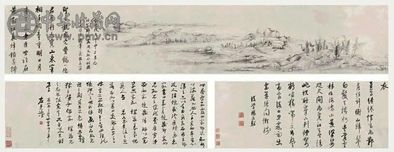 杨文聪 1644年作 仿赵黄笔意山水并行书七言诗 手卷 水墨纸本