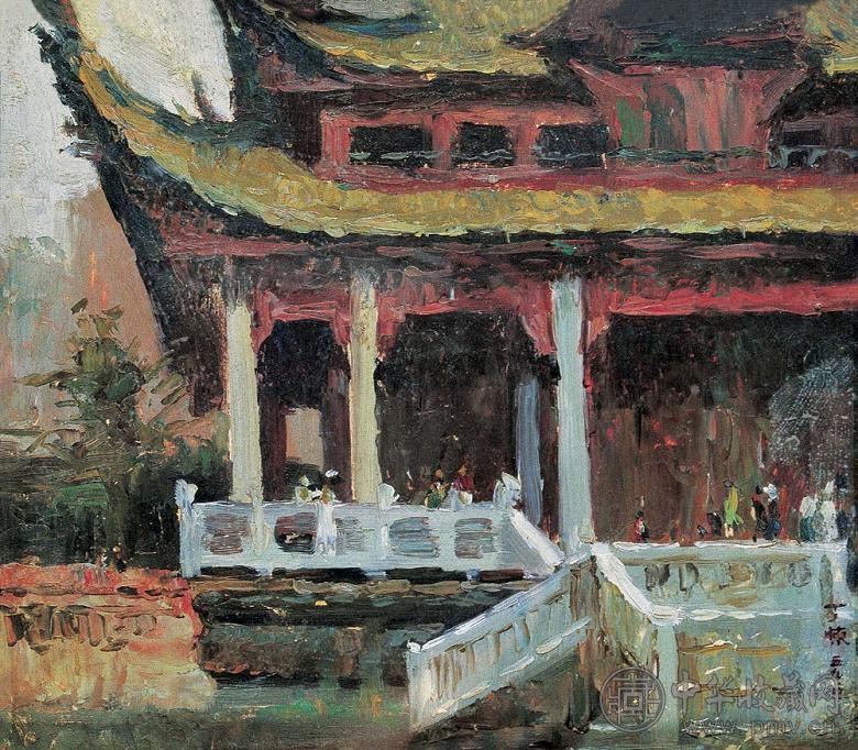 丁悚 1959年作 南京夫子庙 纸板 油画