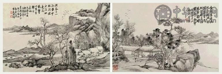 雪舟 光绪己亥(1899年)作 师古十二景 册页(12开选2) 纸本水墨