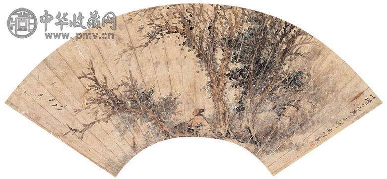 周镐 林下观鸿图 扇面 设色纸本