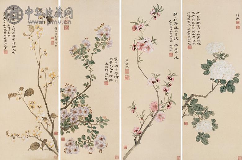 吴湖帆 潘静淑 花鸟 四屏 设色纸本