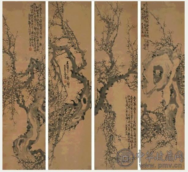 姚燮 梅花图 四屏 水墨纸本