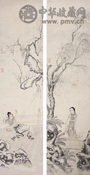 居廉 仕女 镜心二屏 设色纸本