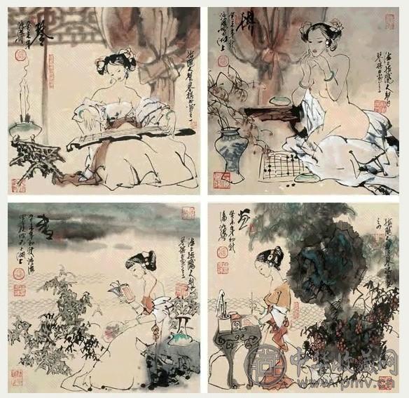 潘鸿海 琴棋书画 镜心 设色纸本