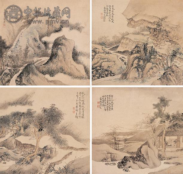 蒋莲 山水 册页(8开选4) 设色纸本