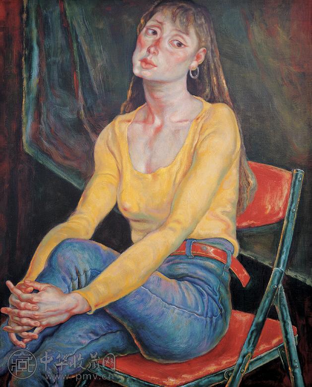 李贵男 1996年作 坐在红椅子上的女孩 布面 油画