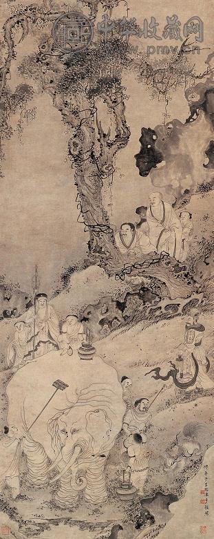 吕镇 洗象图 立轴 水墨纸本