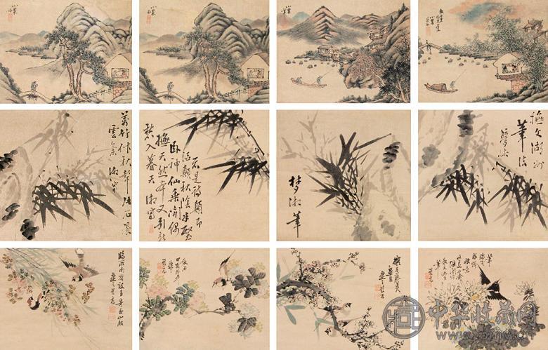 朱承 杨嘉 顾元 花鸟山水 四屏 设色纸本