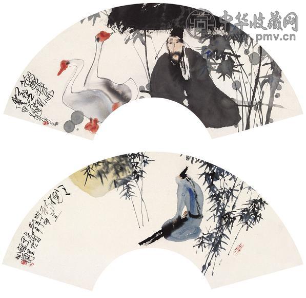 彭先诚 1987年作 羲之观鹅图 竹林幽声 扇面 设色纸本