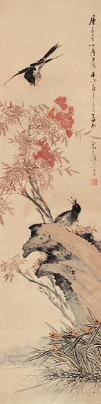 王荃 1960年作 天竺鸣禽图 立轴 设色纸本