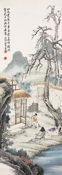 翁介眉 草堂晨读 立轴 设色纸本