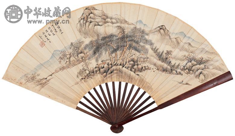 吕浩 丙辰(1916年)作 独钓春山 成扇 设色纸本