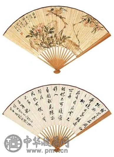 孙永 汤经常 1884年作 花鸟 书法 成扇 设色洒金笺