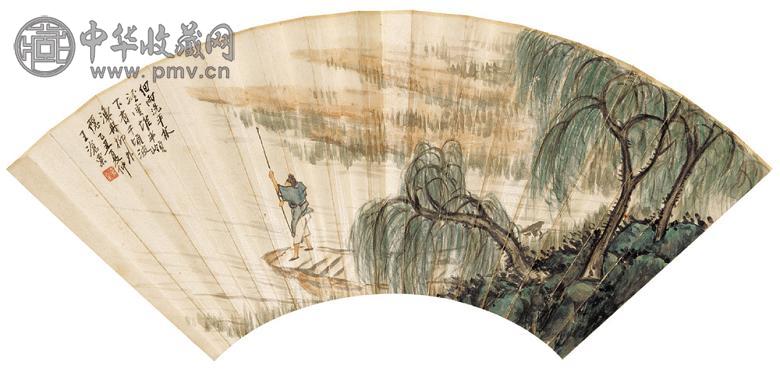 王沧粟 柳隐渔舟 扇面 设色纸本
