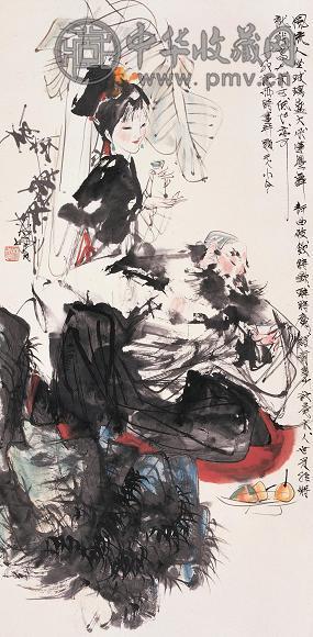 林墉 1987年作 元人词意图 立轴 设色纸本