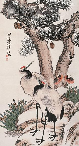 马逸人 己未(1859年)作 松鹤延年 中堂 设色纸本