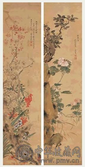 周莲 花卉 四屏 设色绢本