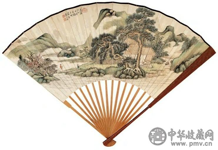 华日曾 陈远 山水 书法 成扇 设色、水墨纸本