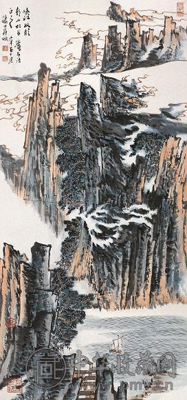 陆俨少 1981年作 峡江帆影 镜心 设色纸本