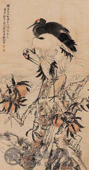 邓启昌 1876年作 鹤寿图 立轴 设色纸本