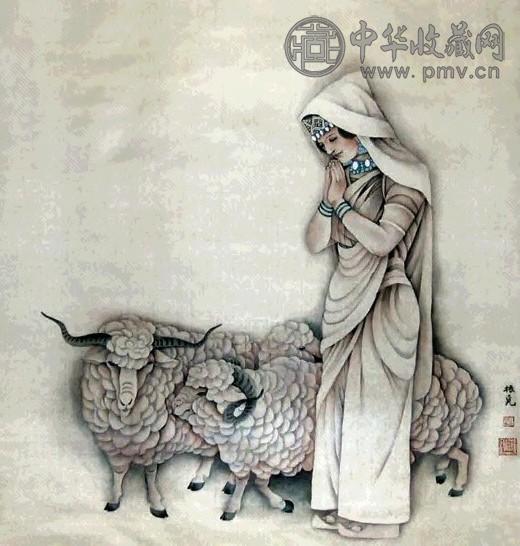 谢振瓯 羊年祈福 立轴 设色绢本