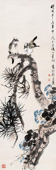 倪墨耕 1918年作 花鸟 立轴 设色纸本