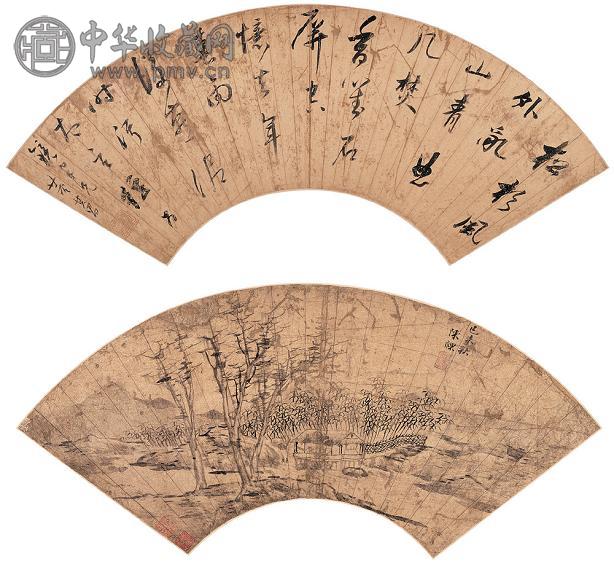 董其昌 陈祼 行书七言诗 竹塘水榭图 扇面 水墨金笺