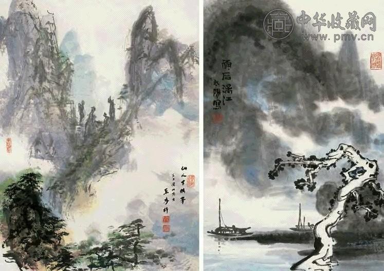 王麦杆 阳太阳 山水(2帧) 立轴 设色纸本