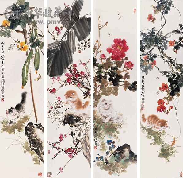陈葆棣 李晓翔 2004年作 四季猫趣 四屏 设色纸本