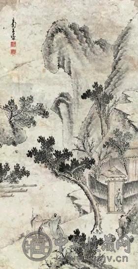 叶道本 山水人物 立轴 设色纸本