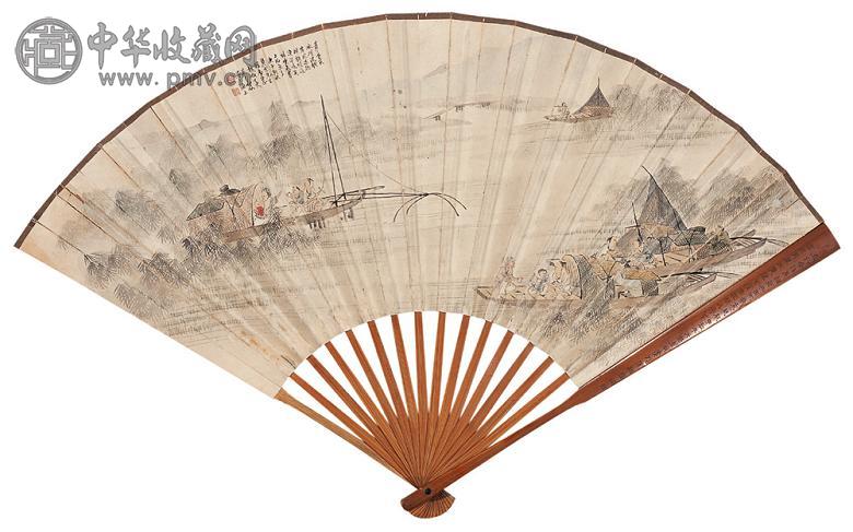 吴青霞 船上人家 成扇 设色纸本