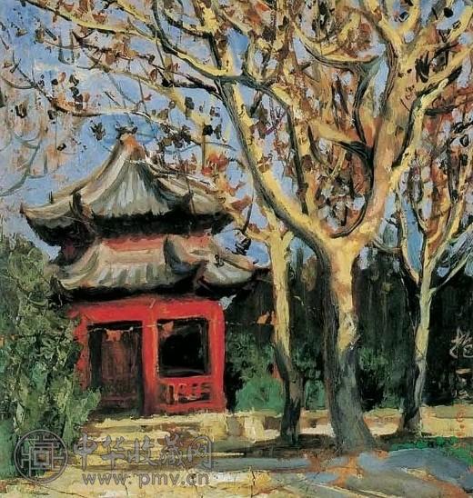 陈抱一 秋树小亭 纸本油画