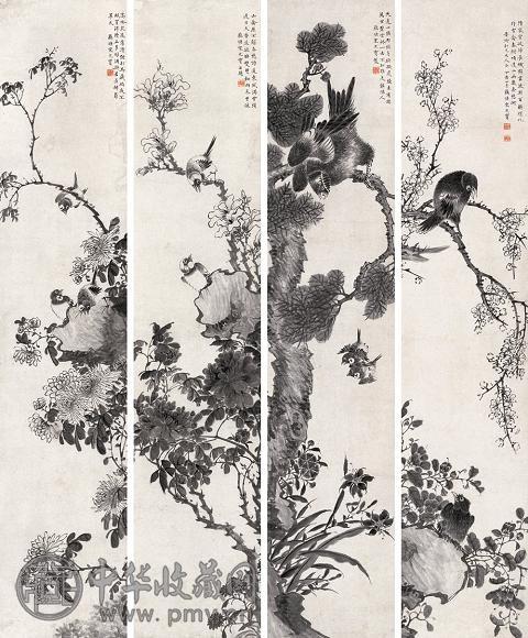 宋光宝 花鸟 四屏 水墨纸本