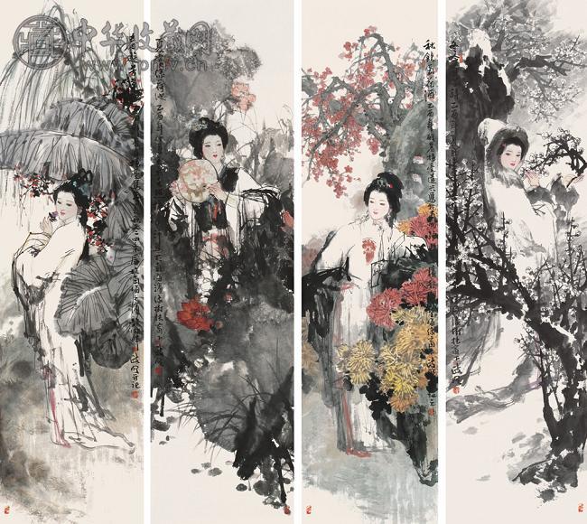 陈政明 2005年作 四季佳人 四屏 设色纸本