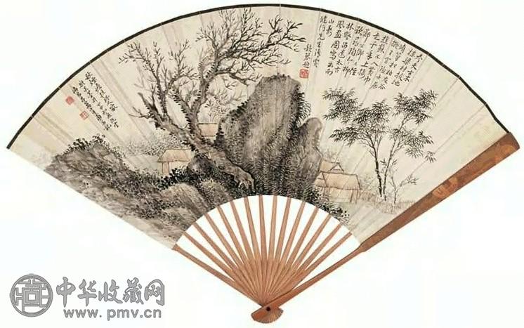 吕万 春古木幽居图 成扇 设色纸本