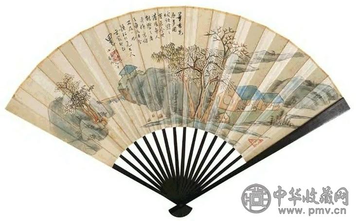 郭福衡 湖庄清夏图 行书 扇面 设色笺本