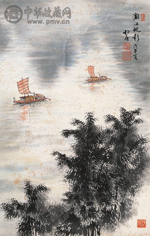 关松房 戊午(1918年)作 漓江帆影 立轴 设色纸本