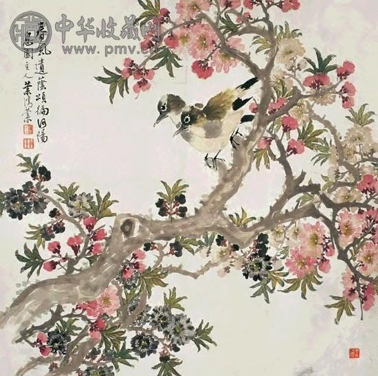 叶鸿业 桃花双莺 镜心 设色纸本