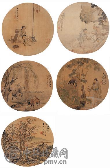 钱慧安 钱溥 黄山寿 陆恢 人物合集 册页本(5开) 设色绢本