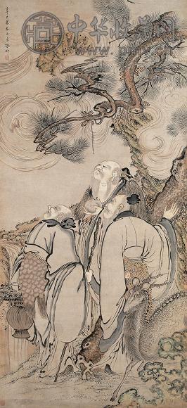 张翀 1641年作 三星捧寿 立轴 设色纸本