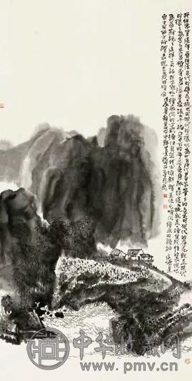 叶瑞琨 戊辰(1988年)作 溪山雨落 立轴 设色纸本