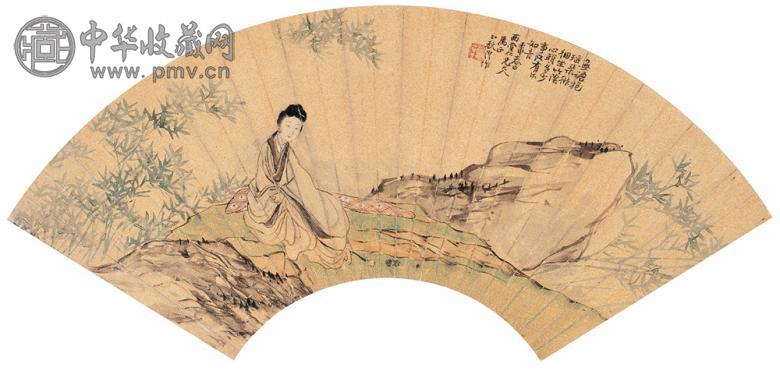 沈澄 停琴图 扇面 设色金笺