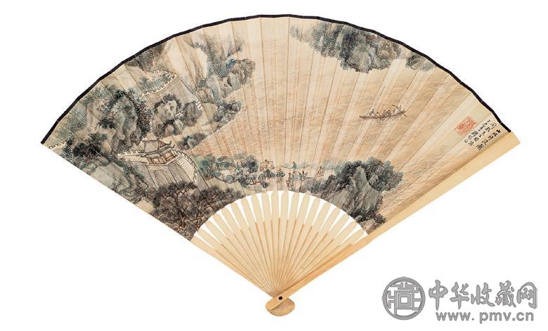 刘锡永 己丑(1949年)作 山城待渡图 成扇 设色纸本