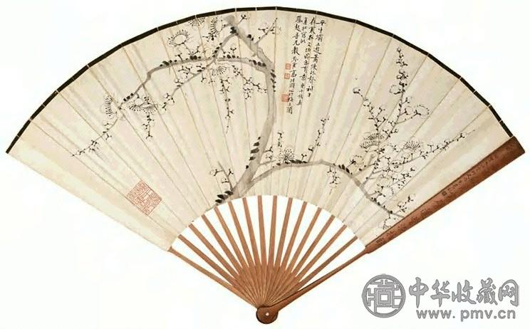 高野侯 叶尔恺 1930年作 墨梅图 草书 成扇 水墨纸本