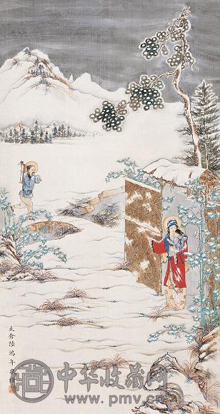 陆鸿年 夜归山居 立轴 设色绢本